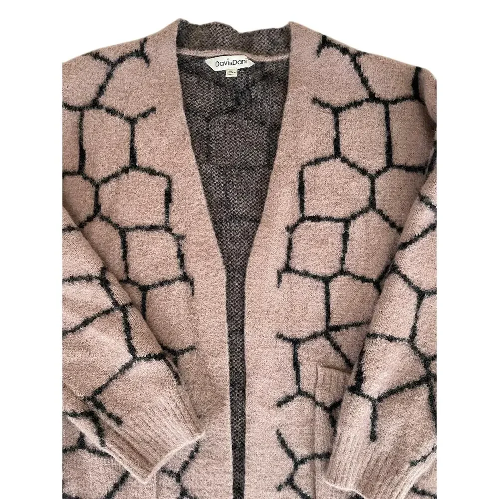 Davi & Dani Giraffe‎ Print Cardigan Open Front Long Sleeve Pockets Taupe Black M
